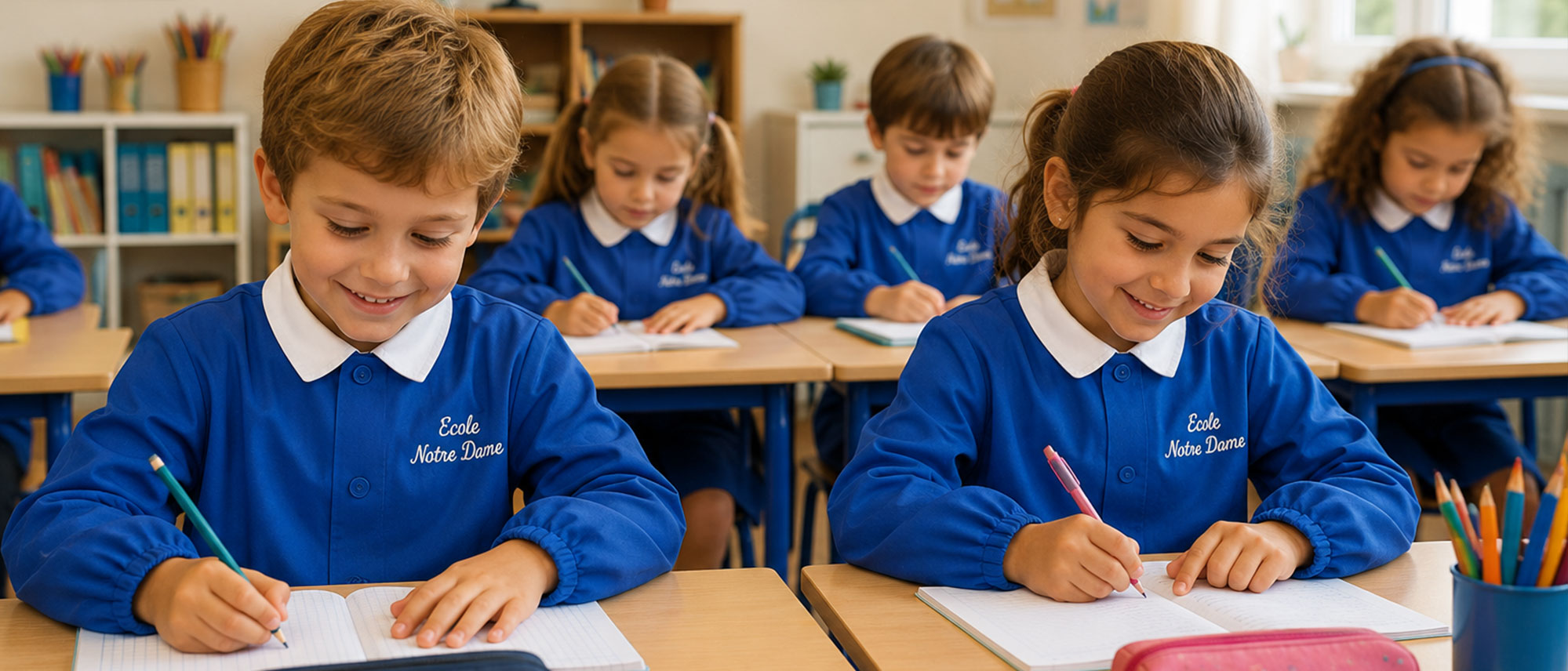 Groupe d'enfants portant un tablier scolaire